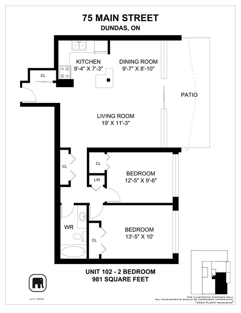 A floor plan for a two bedroom apartment at 75 Main Street, Dundas, ON.